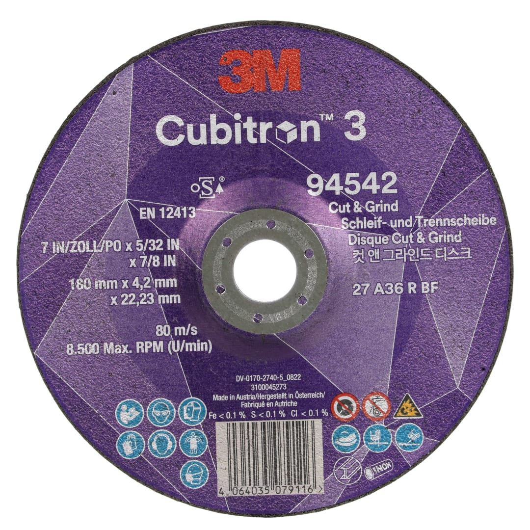 3M™ Cubitron™ 3 Kesme ve Taşlama Taşı, 94542, 36+, T27, 180 mm x 4,2 mm x 22,23 mm, EN, 10/Paket, 20 adet/Kutu