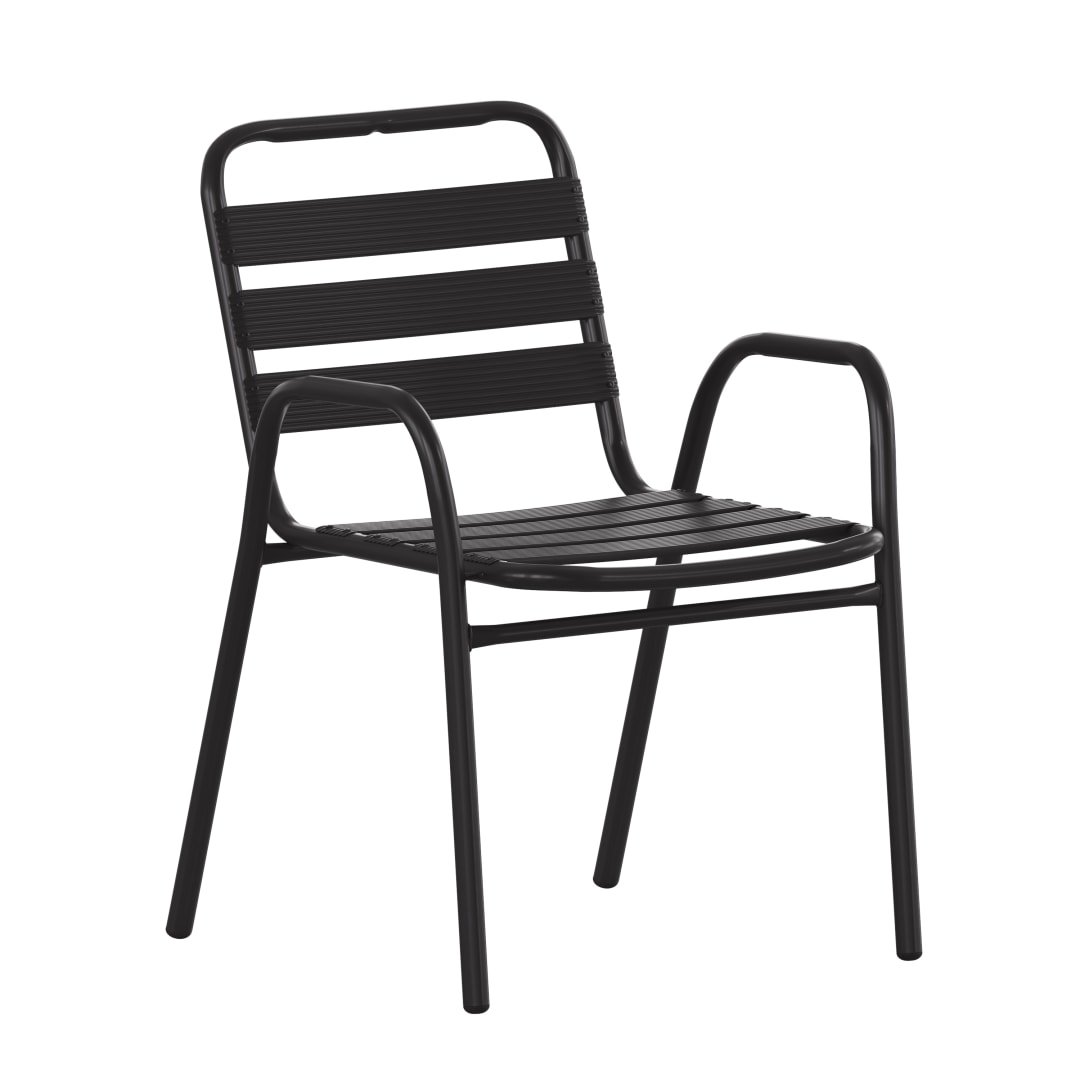 Lila Commercial Black Metal Indoor-Outdoor Restaurant Stack Chair with Metal Triple Slat Back and Arms