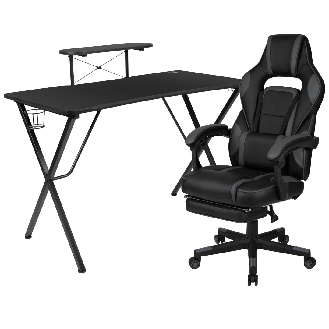 Optis Black Gaming Desk with Cup Holder/Headphone Hook/Monitor Stand &amp; Black Reclining Back/Arms Gaming Chair with Footrest