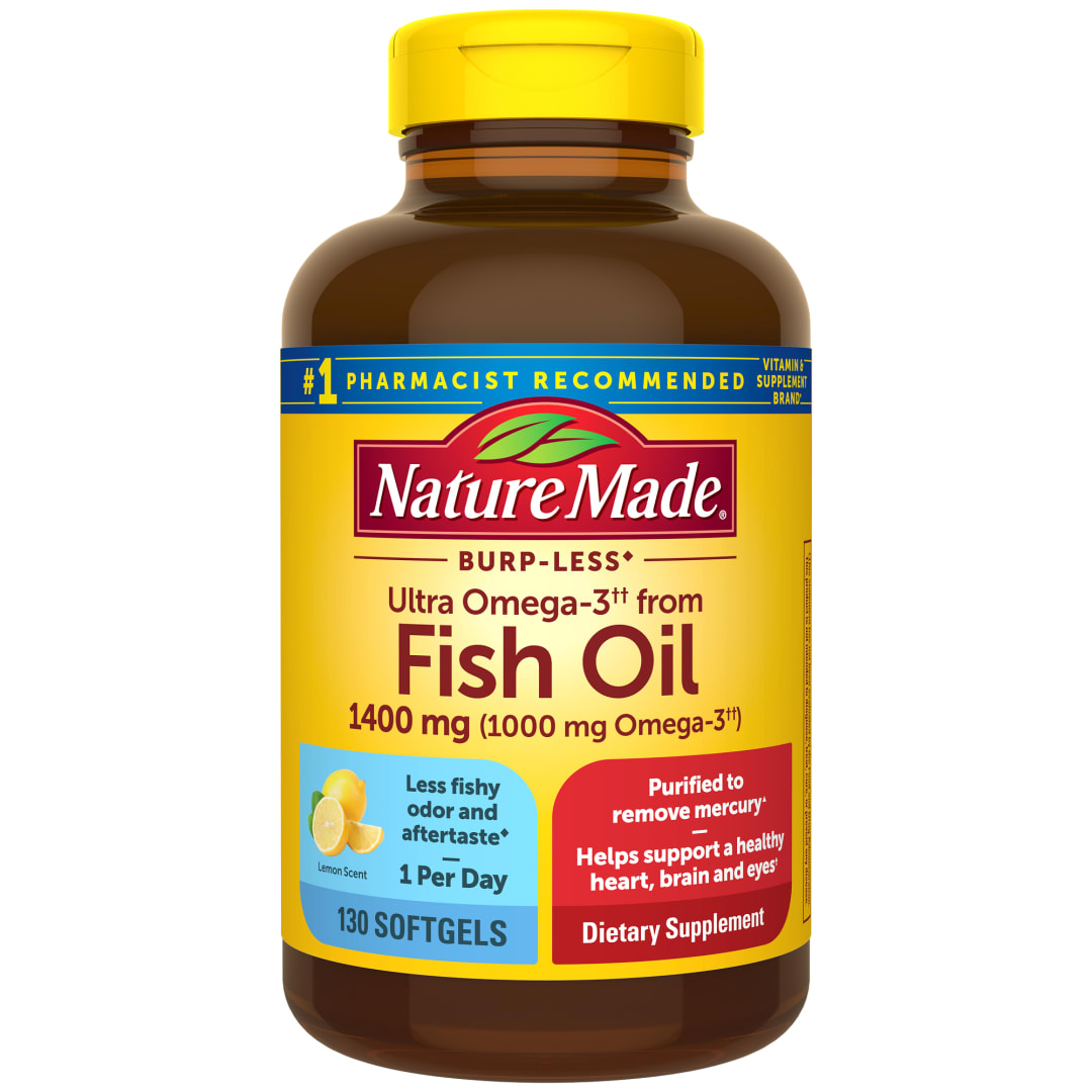 Nature Made Burp Less Ultra Omega 3 Fish Oil 1400 mg, Fish Oil Supplements, Omega 3 Supplement for Healthy Heart, Brain and Eyes Support, One Per Day, 130 Softgels