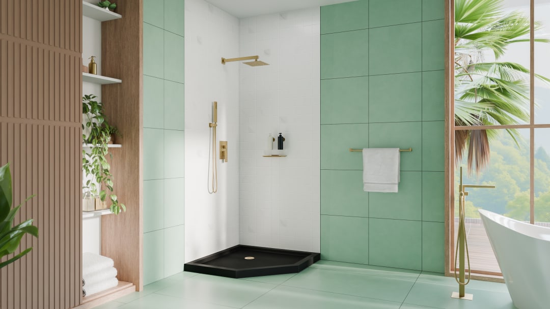 DreamLine SlimLine 36 inch D x 36 inch W x 2 3/4 inch H Black Neo-Angle Shower Base with 2 inch Polished Brass Corner Round Drain