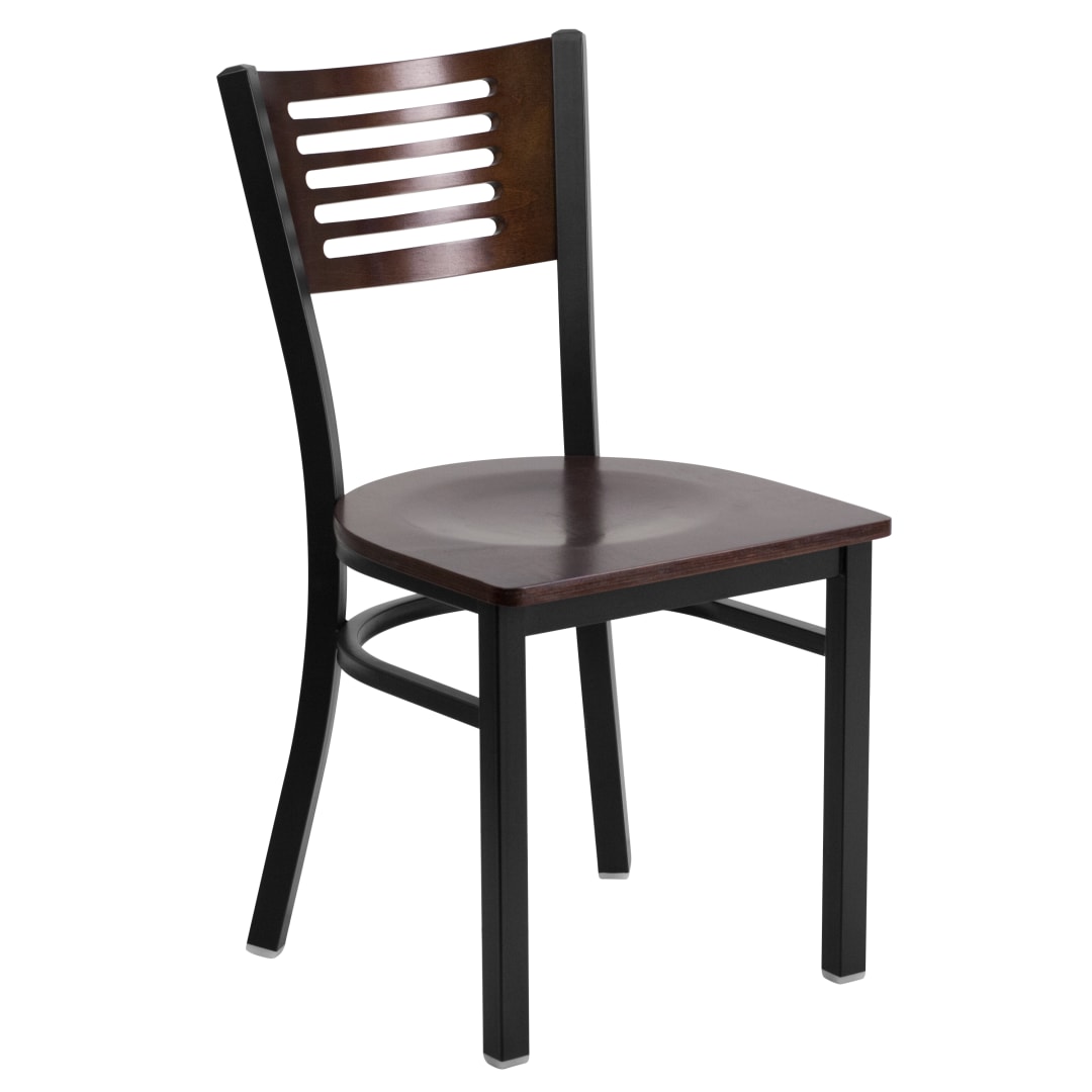 HERCULES Series Black Slat Back Metal Restaurant Chair - Walnut Wood Back &amp; Seat