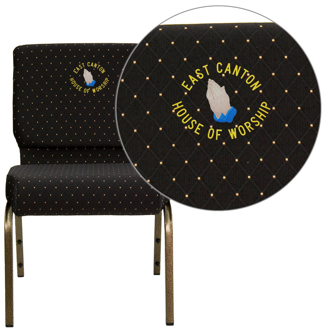 Embroidered HERCULES Series 21''W Stacking Church Chair in Black Dot Patterned Fabric - Gold Vein Frame