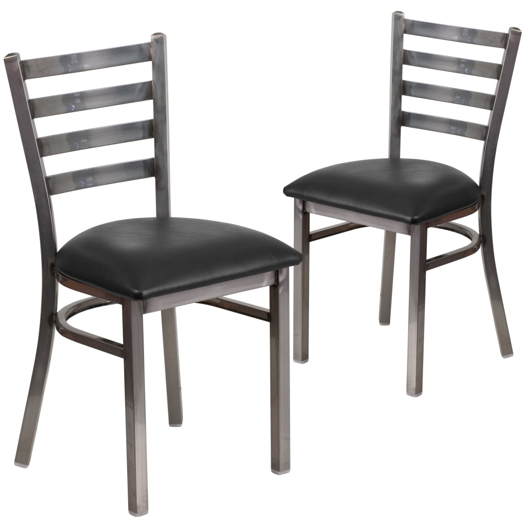 2 Pack HERCULES Series Silver Antique Finish with Clear Coat Ladder Back Metal Restaurant Chair - Black Vinyl Seat