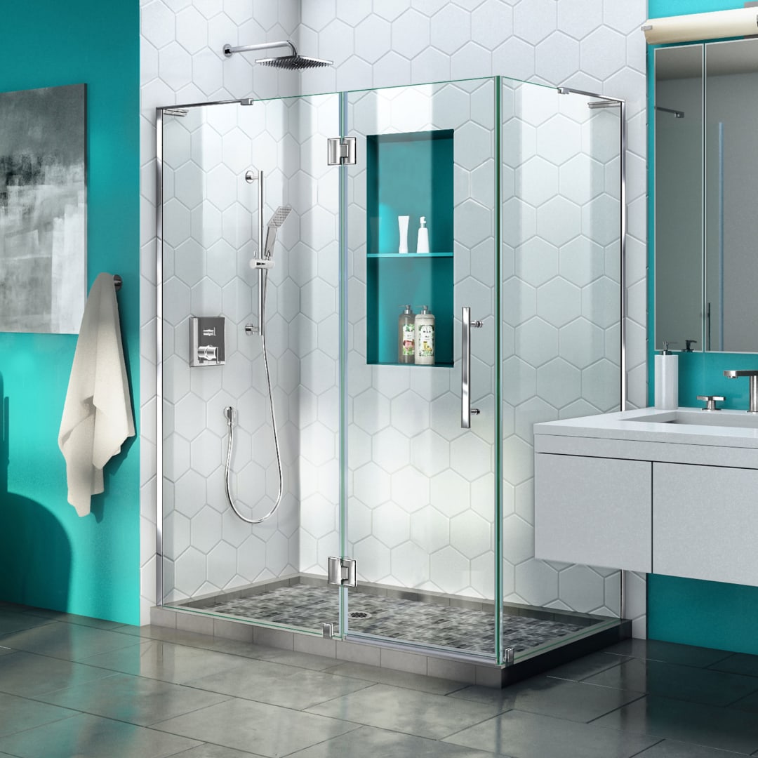 DreamLine Quatra Plus 34 1/8 inch D x 58 3/8 inch W x 72 inch H Frameless Hinged Shower Enclosure in Chrome