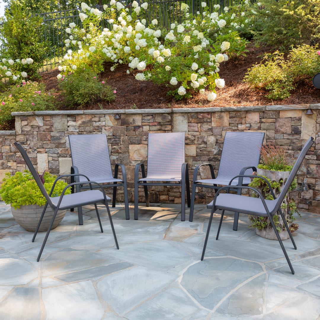 5 Pack Brazos Series Gray Outdoor Stack Chair with Flex Comfort Material and Metal Frame