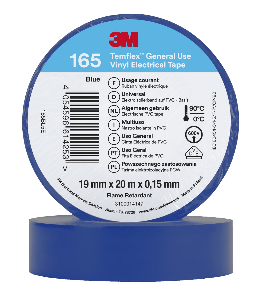 3M™ Temflex™ Vinil Elektrik Bandı 165, Mavi, 19 mm x 20 m