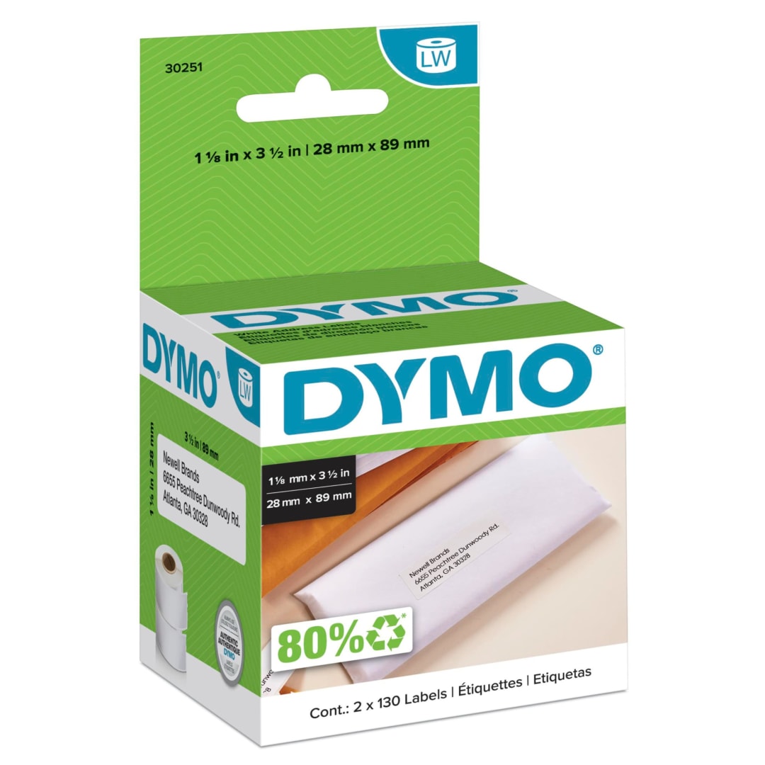 DYMO® Authentic LW White Mailing Address Labels, DYMO® Labels for LabelWriter™ Label Printers, 1-1/8" x 3-1/2", 2 Rolls of 130 (260 Total)