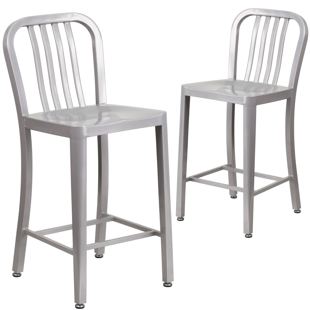 Gael Commercial Grade 2 Pack 24" High Silver Metal Indoor-Outdoor Counter Height Stool with Vertical Slat Back