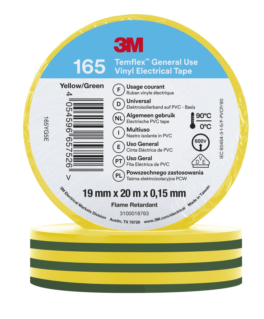 3M™ Temflex™ Vinil Elektrik Bandı 165, Yeşil/Sarı, 19 mm x 20 m