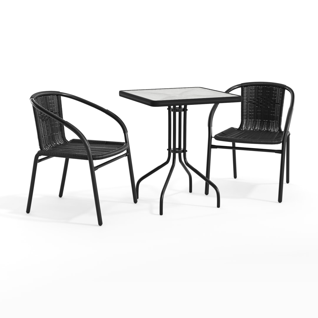 Lila 23.5'' Square Glass Metal Table with 2 Black Rattan Stack Chairs