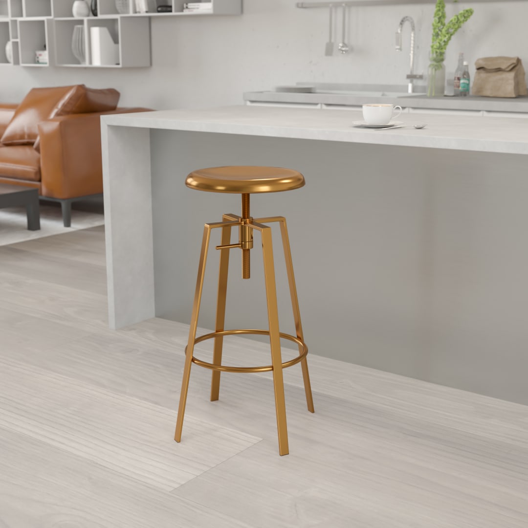 Toledo Industrial Style Barstool with Swivel Lift Adjustable Height Seat in Gold Finish