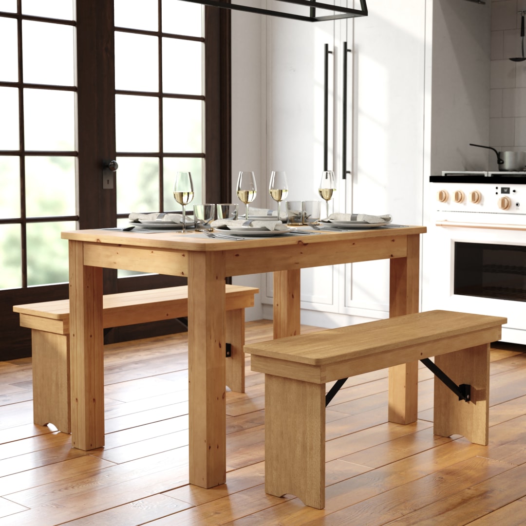 HERCULES 46" x 30" Rectangular Antique Rustic Light Natural Solid Pine Farm Dining Table