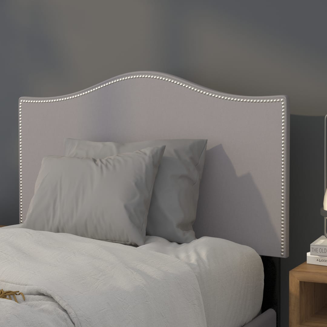 Lexington Upholstered Twin Size Headboard with Accent Nail Trim in Light Gray Fabric