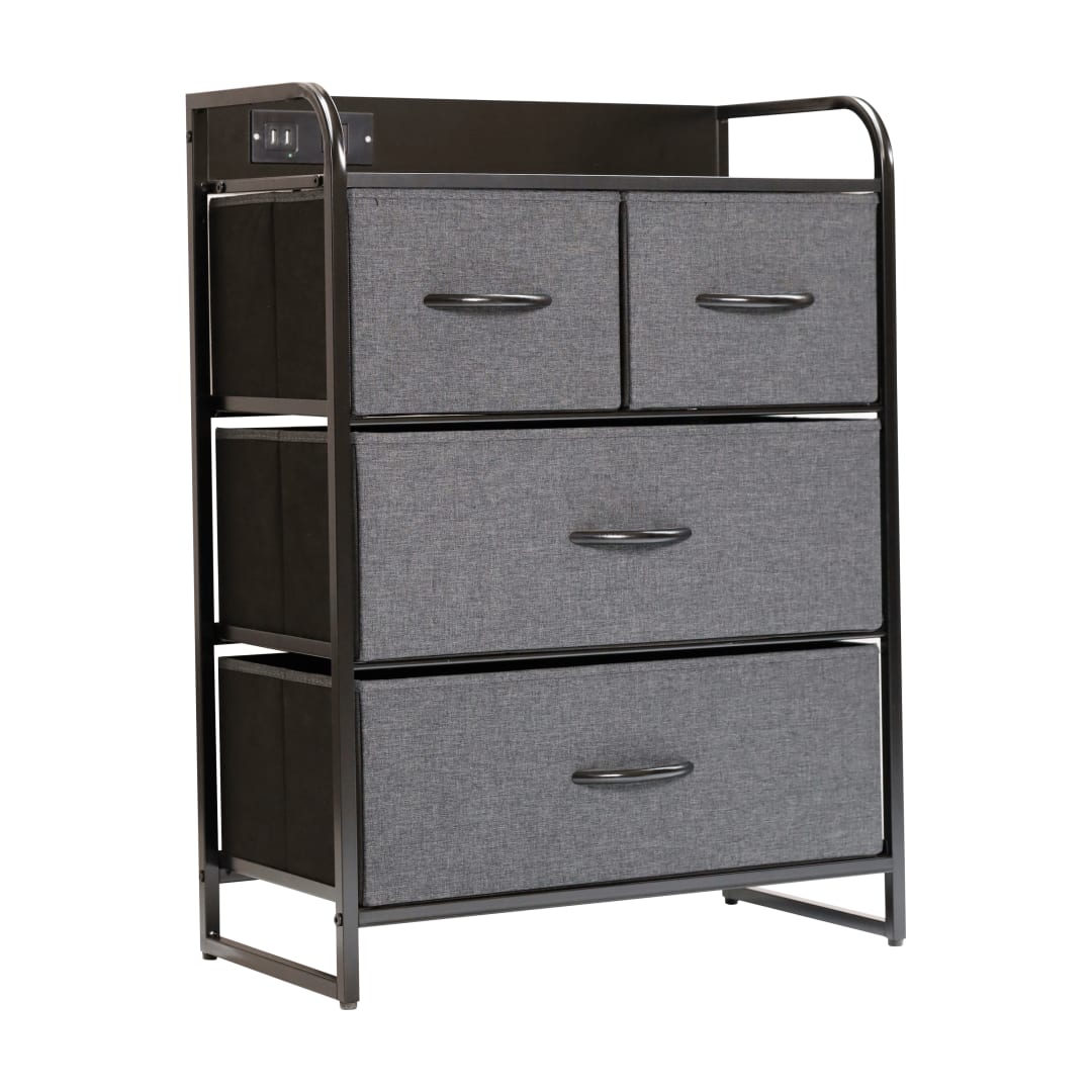 Sodano 4 Drawer Nightstand with Charging Station, 2 USB Ports, 1 Outlet, Black Metal Frame, Black Engineered Wood Top, Charcoal Drawers, Black Handles