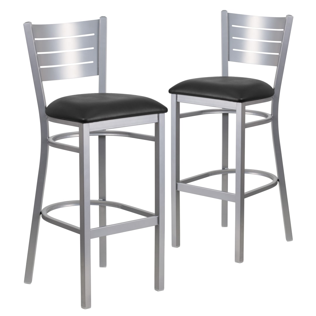 2 Pack HERCULES Series Silver Slat Back Metal Restaurant Barstool - Black Vinyl Seat