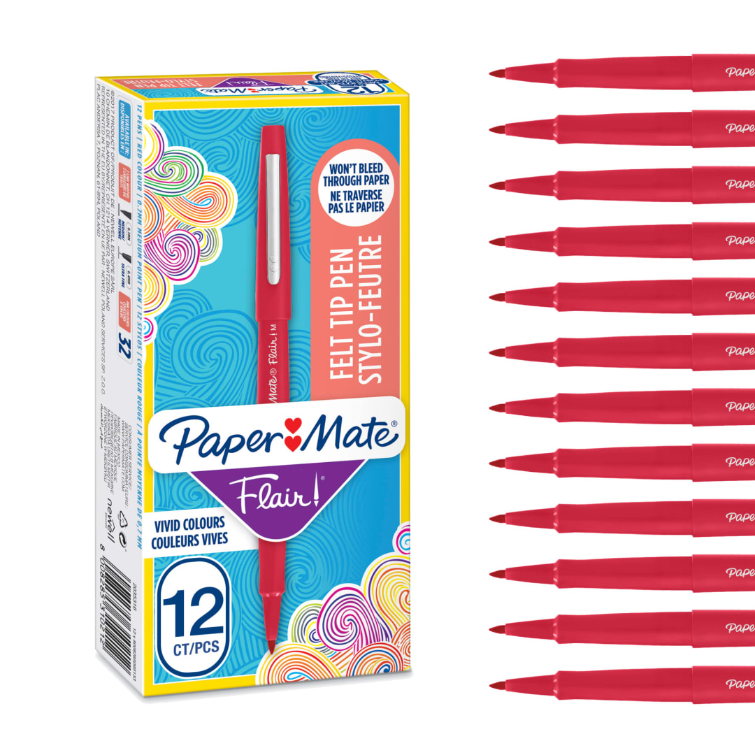 Paper Mate® Flair Felt Tip Pens | Medium Point (0.7mm) | Red | 12 Count