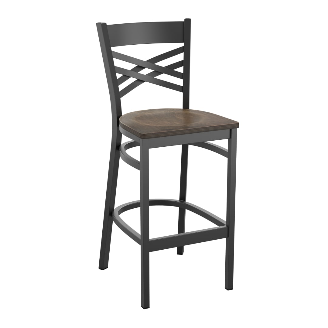 HERCULES Series Black ''X'' Back Metal Restaurant Barstool - Antique Copper Wood Seat