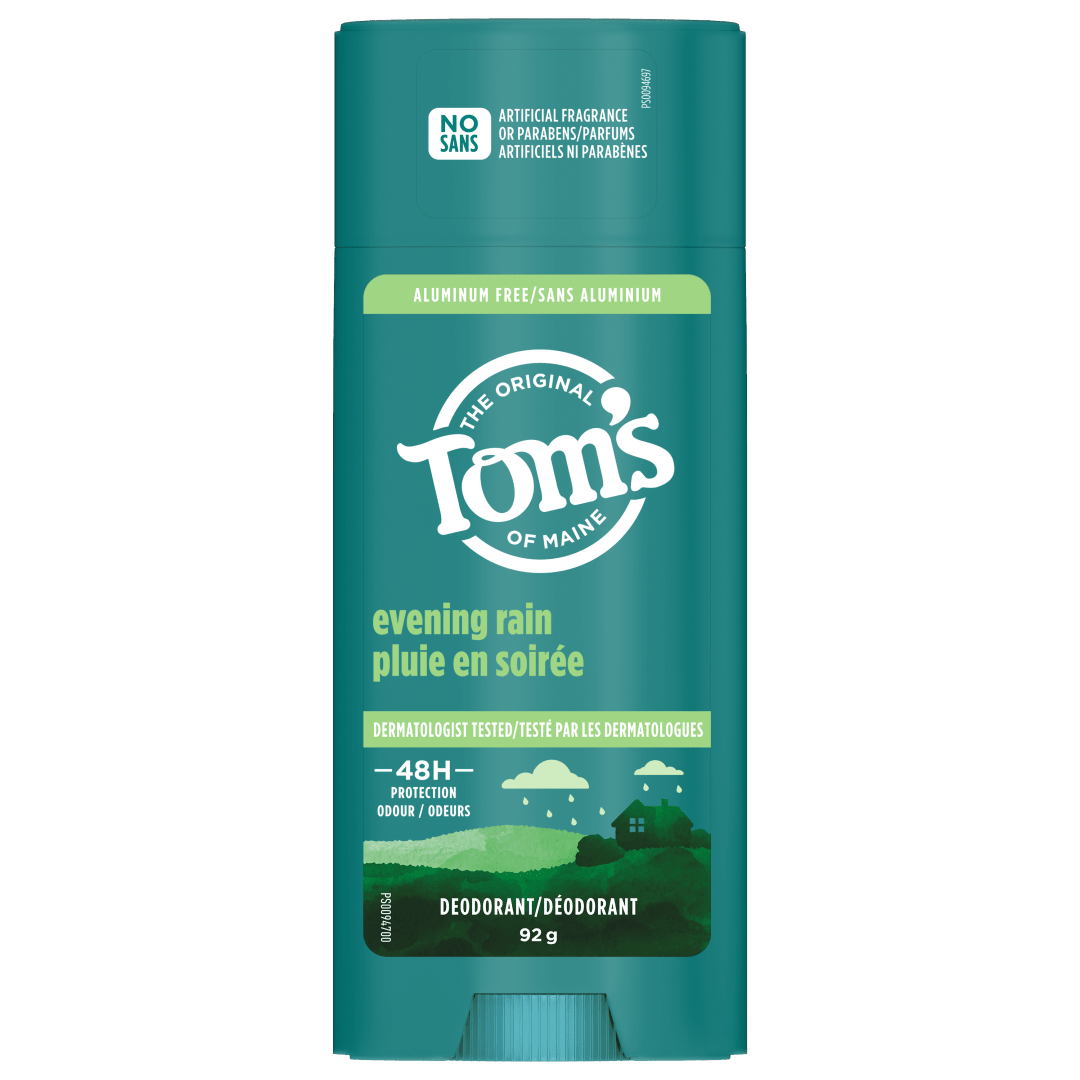Déodorant naturel Tom’s of Maine Pluie en soirée pour hommes et femmes, Sans aluminium, Sans parfums, sans colorants ni agents de conservation artificiels, Sans bicarbonate de soude, Protection de 48 heures contre les odeurs, 92 g