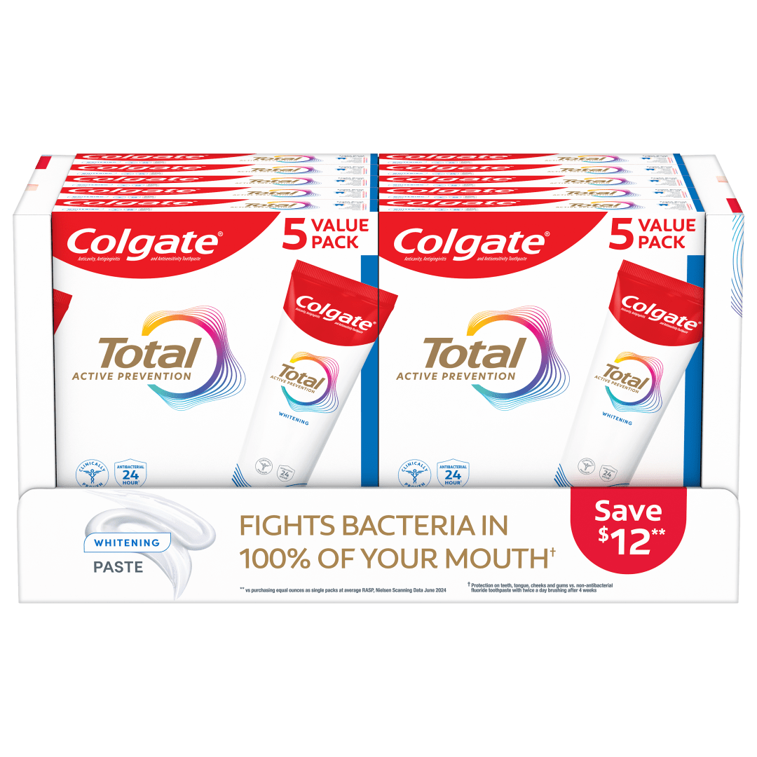 Colgate Total Active Prevention Plus Whitening Toothpaste, Mint, 5 Pack, 6.0 oz