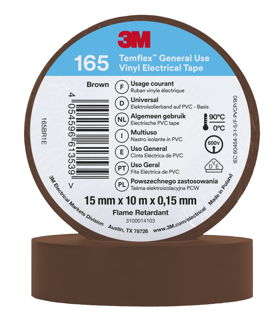 3M™ Temflex™ Vinyl Electrical Tape 165, Brown, 15 mm x 10 m, 100 Rolls/Case