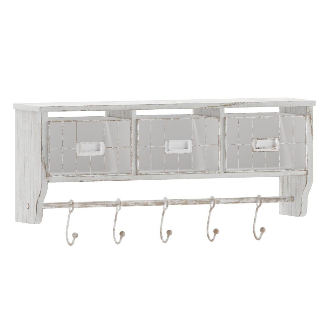 Daly Wall Mounted 24 Inch Solid Pine Wood Storage Rack with Upper Shelf, 5 Hooks, Wire Baskets For Entryway, Kitchen, Bathroom in Whitewashed