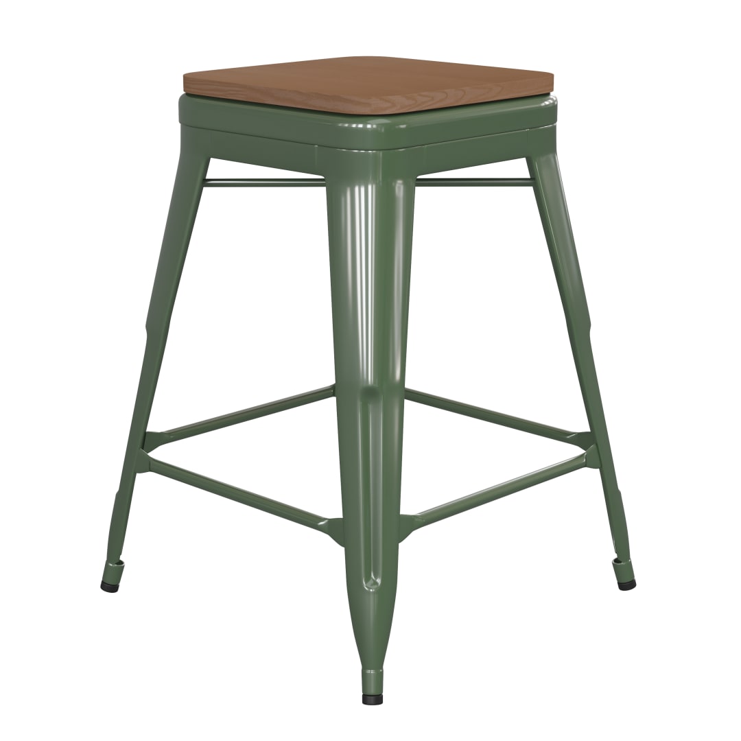 Kai Commercial Grade 24" High Backless Green Metal Indoor-Outdoor Counter Height Stool with Teak Poly Resin Wood Seat