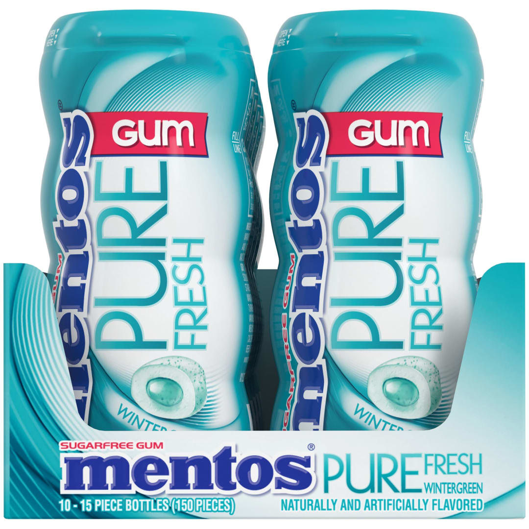 Mentos Gum Pure Fresh Sugar Free Chewing Gum Wintergreen 15 pc Pocket Bottles - 10 Pack