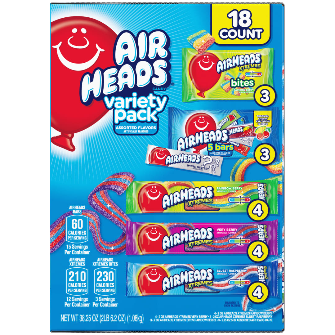 Airheads Full Size Bars, Airheads Xtremes Belts, and Airheads Xtremes Bites Assorted Flavors 18 Piece Variety Pack