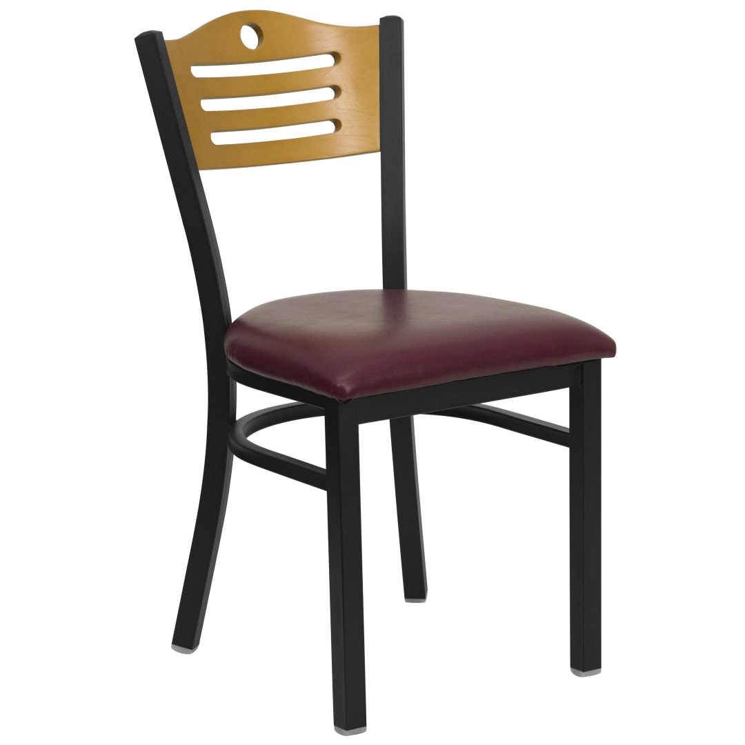 4 Pk. HERCULES Series Black Slat Back Metal Restaurant Chair - Natural Wood Back, Burgundy Vinyl Seat