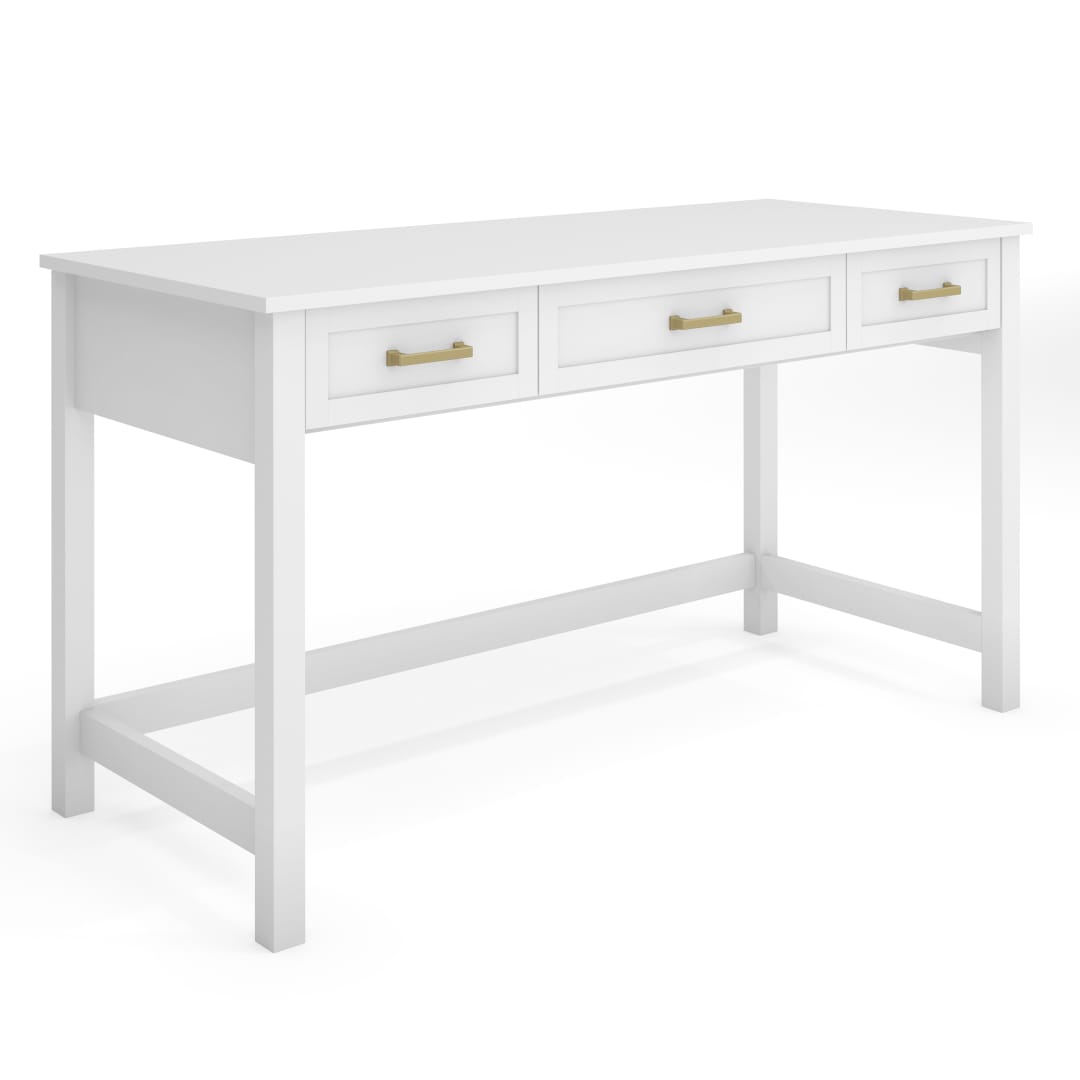 Hutton Shaker Style Home Office 3 Drawer Desk in White with Polished Brass Hardware