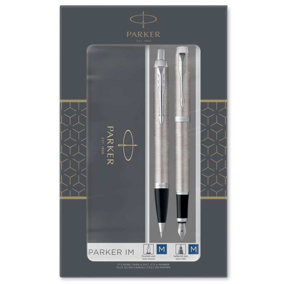 Parker IM Duo Set de regalo con bolígrafo y pluma estilográfica | Acabado cromado en acero inoxidable | Recambio y cartucho de tinta azul | Embalaje de regalo