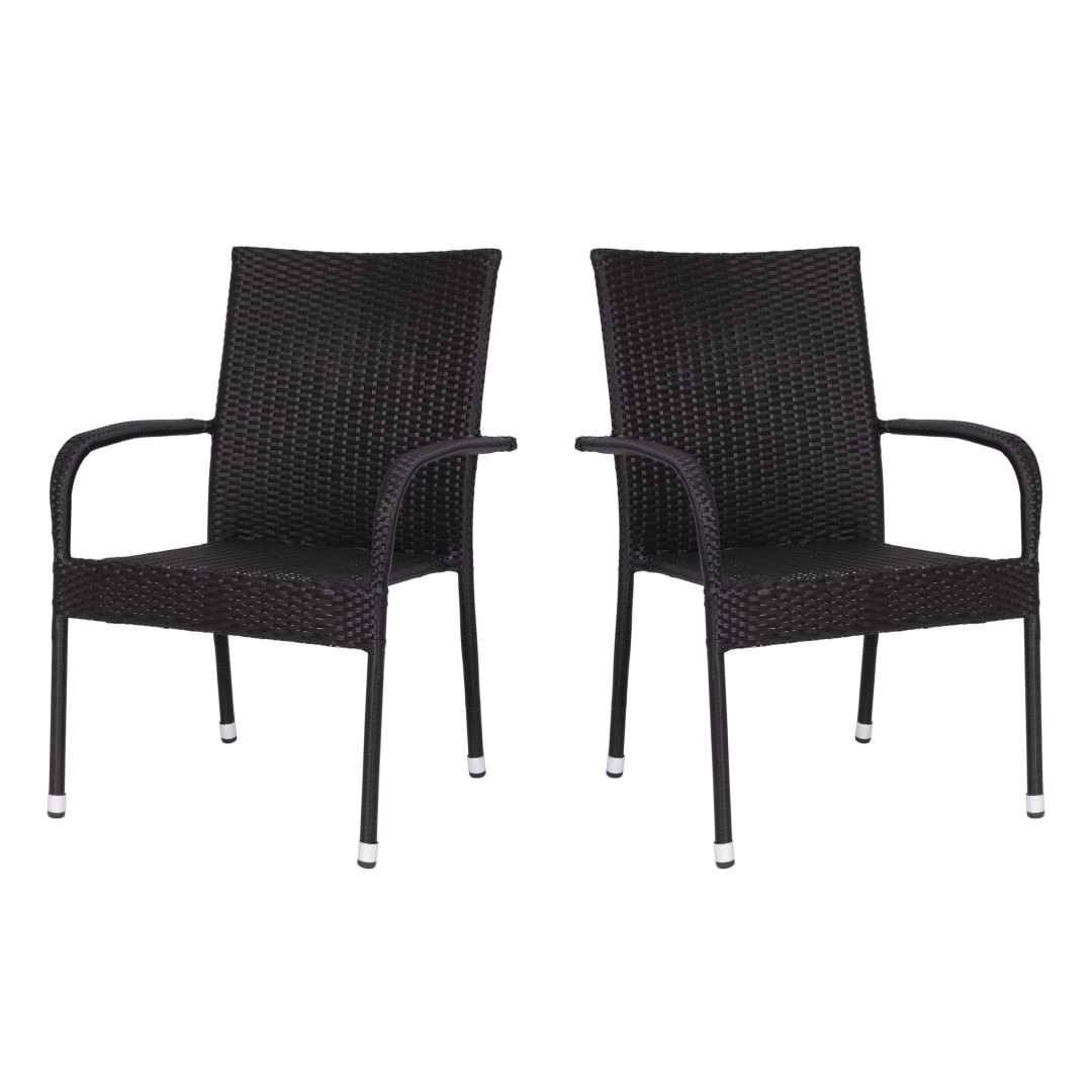 Maxim Set of 2 Stackable Indoor/Outdoor Wicker Dining Chairs with Arms - Fade & Weather-Resistant Steel Frames - Black