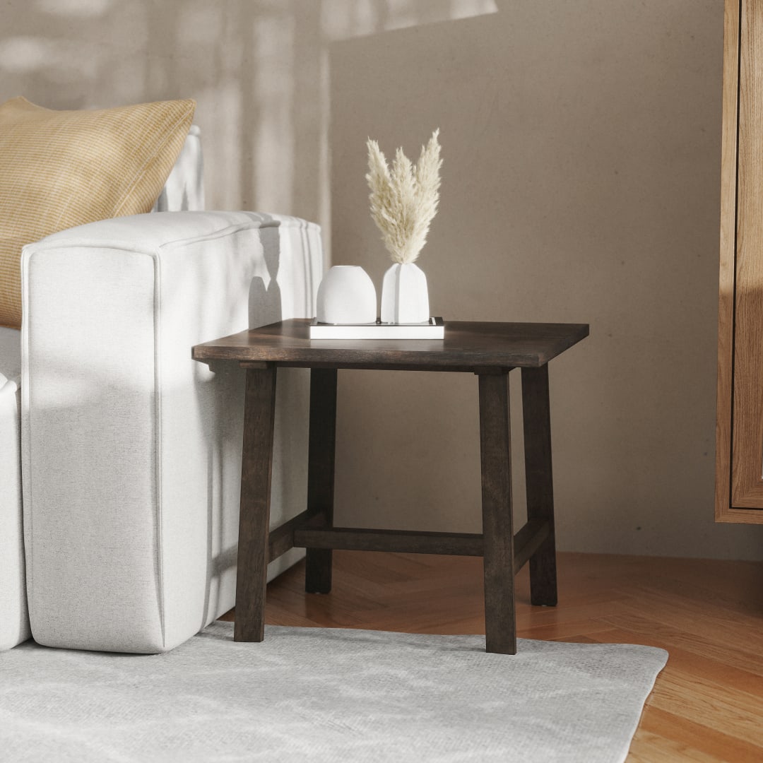 Eli Solid Wood Farmhouse End Table, Trestle Style Accent Table in Dark Gray