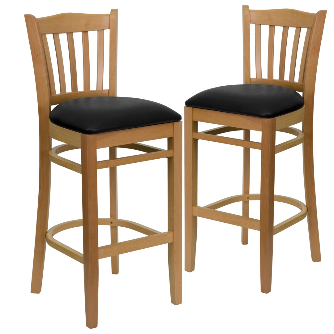 2 Pk. HERCULES Series Vertical Slat Back Natural Wood Restaurant Barstool - Black Vinyl Seat