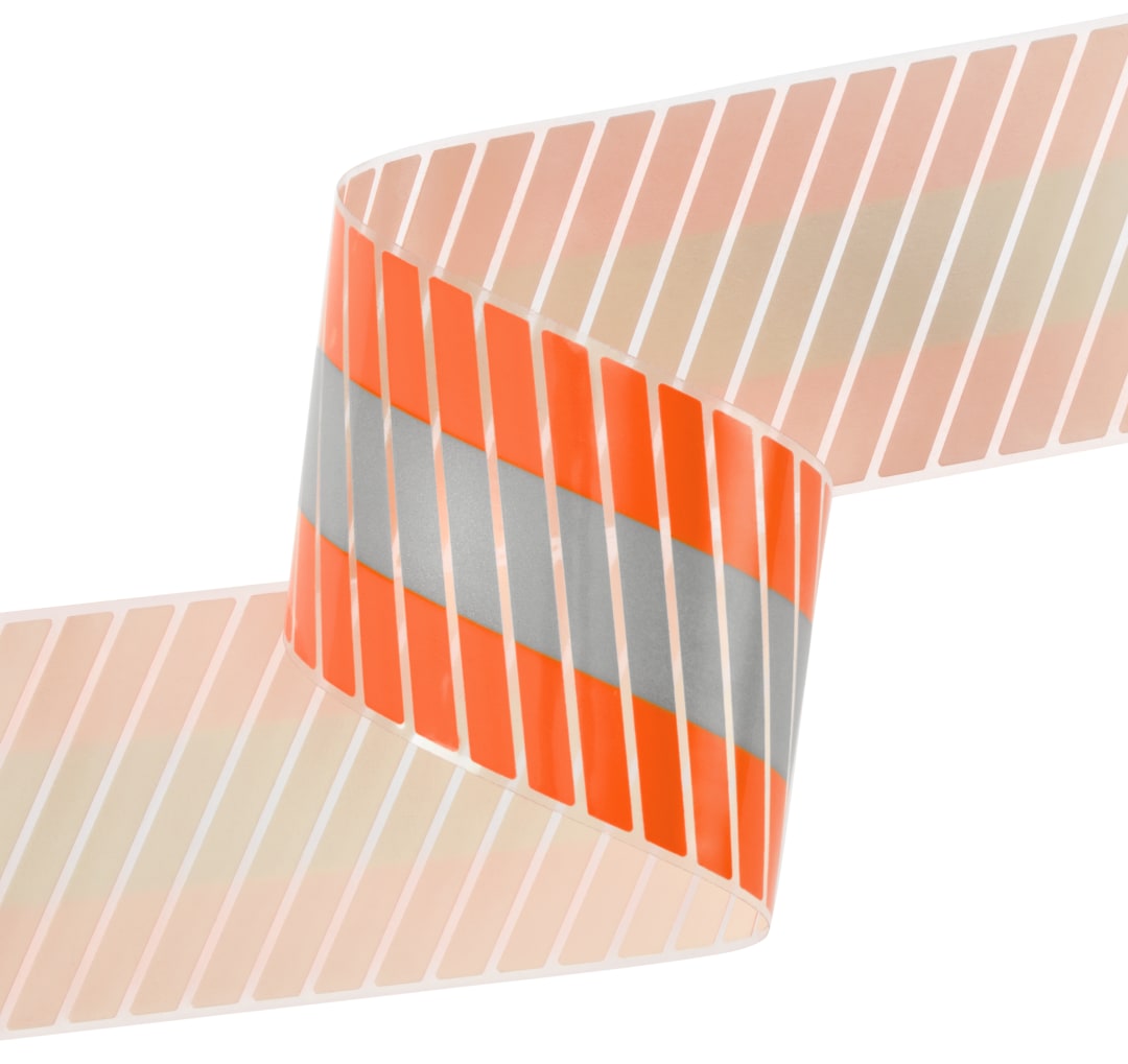 3M™ Scotchlite™ Yansıtıcı Malzeme, IW Bölümlü Floresan Kırmızı-Turuncu Yangına Dayanıklı Konfor Kaplaması, 50,8 mm x 100 m, 5686