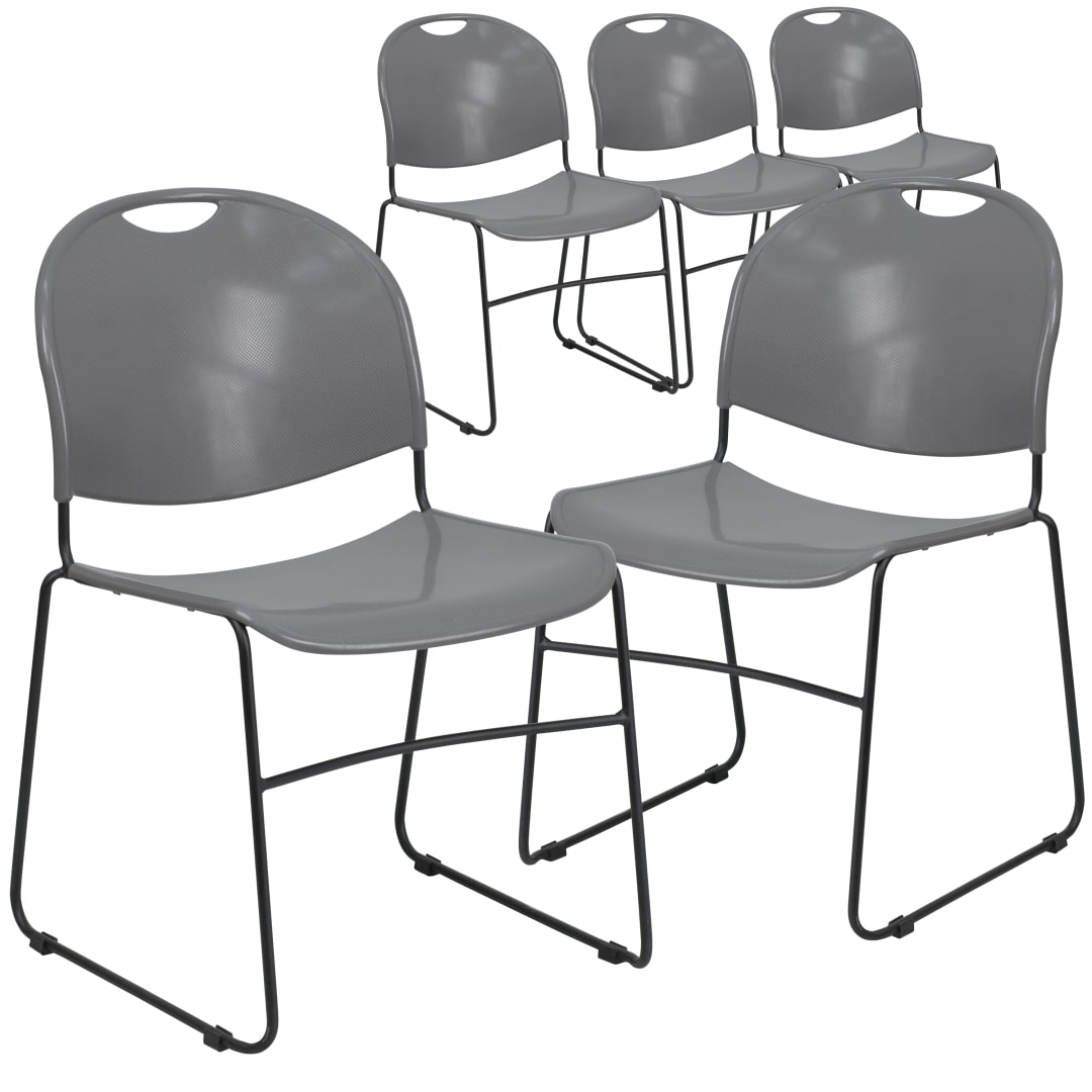 5 Pack HERCULES Series 880 lb. Capacity Gray Ultra-Compact Stack Chair with Black Powder Coated Frame