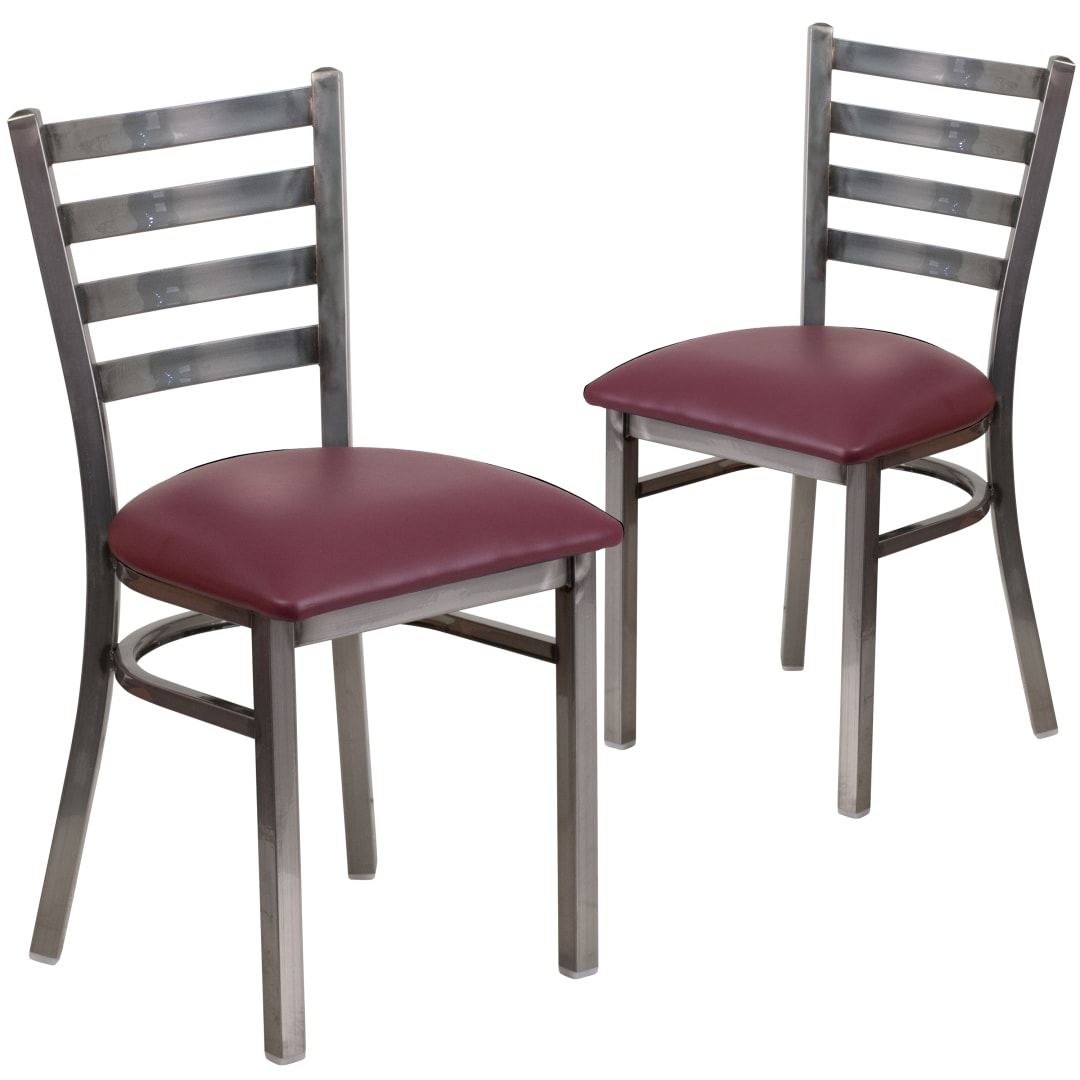 2 Pk. HERCULES Series Silver Antique Finish with Clear Coat Ladder Back Metal Restaurant Chair - Burgundy Vinyl Seat