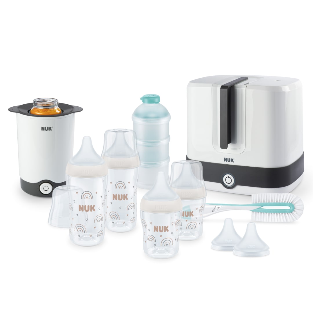 NUK Perfect Match Set de comida completo | +6 meses | Esterilizador Vario Express, 4 biberones, calientabiberones, escobilla para biberón y más | Arcoíris | 8 uds.