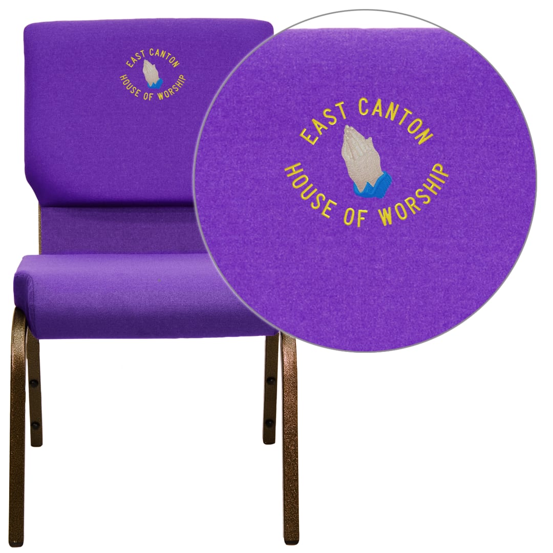 Embroidered HERCULES Series 18.5''W Stacking Church Chair in Purple Fabric - Gold Vein Frame