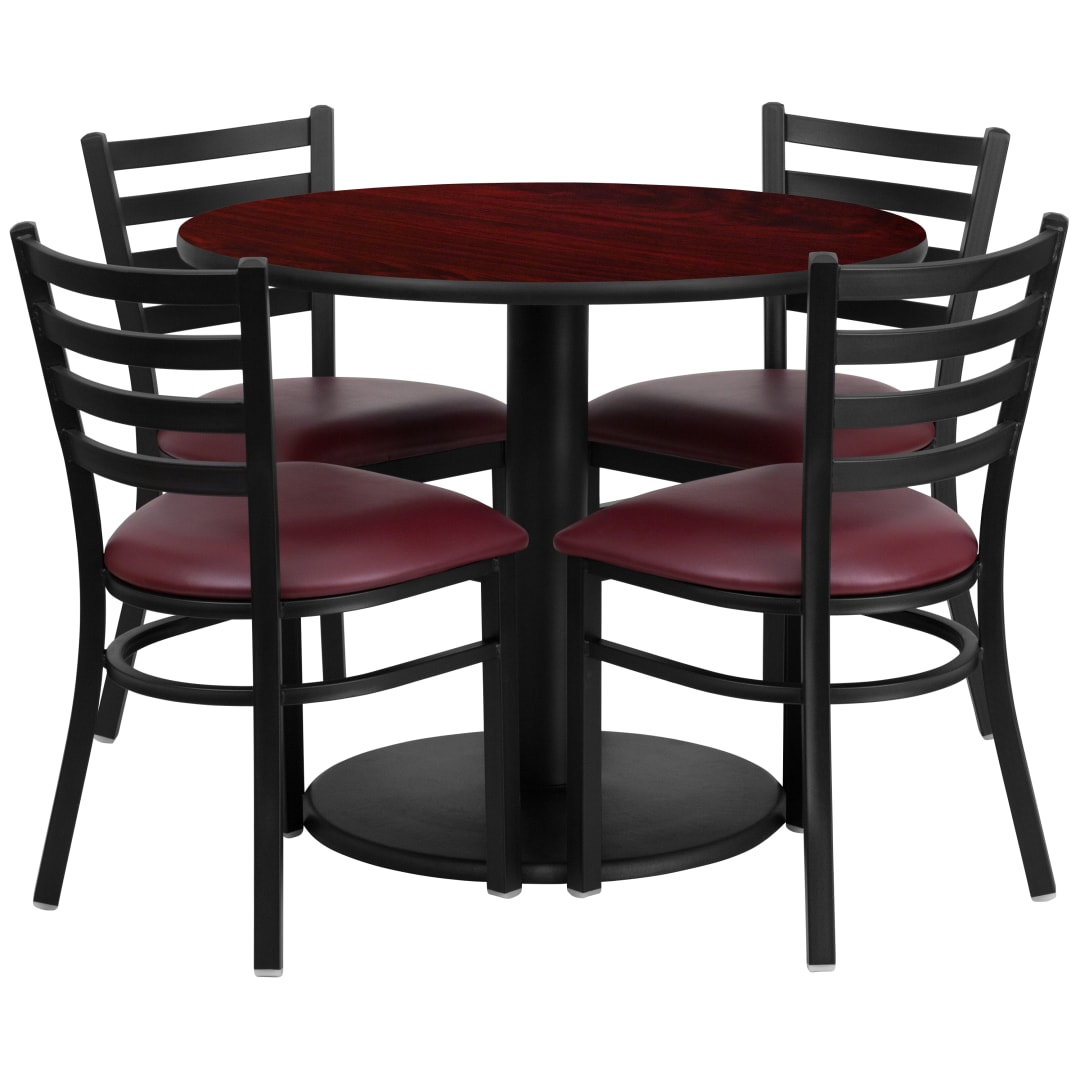 Jamie 36'' Round Mahogany Laminate Table Set with Round Base and 4 Ladder Back Metal Chairs - Burgundy Vinyl Seat
