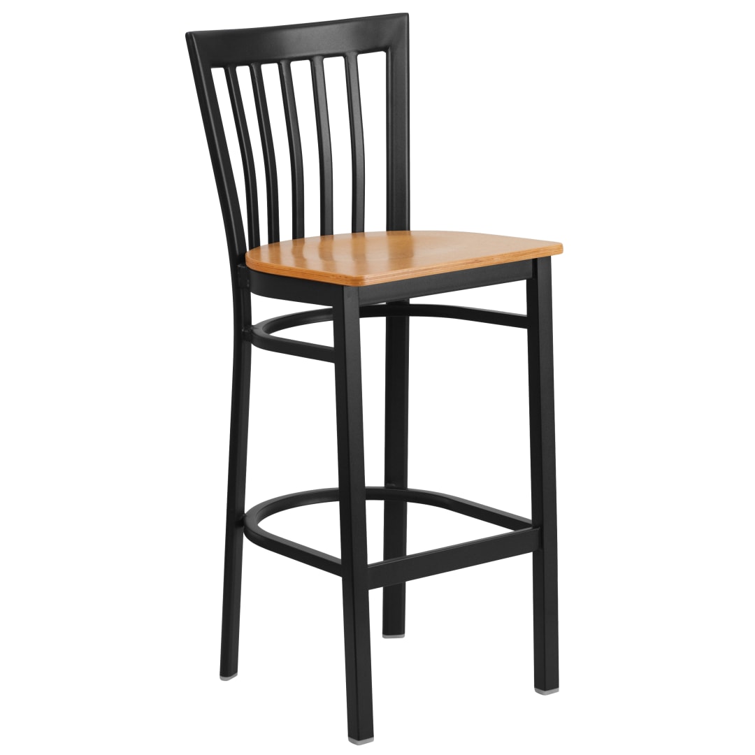 HERCULES Series Black School House Back Metal Restaurant Barstool - Natural Wood Seat