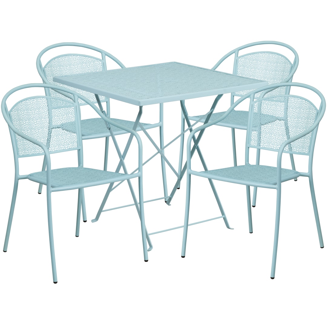 Oia Commercial Grade 28" Square Sky Blue Indoor-Outdoor Steel Folding Patio Table Set with 4 Round Back Chairs