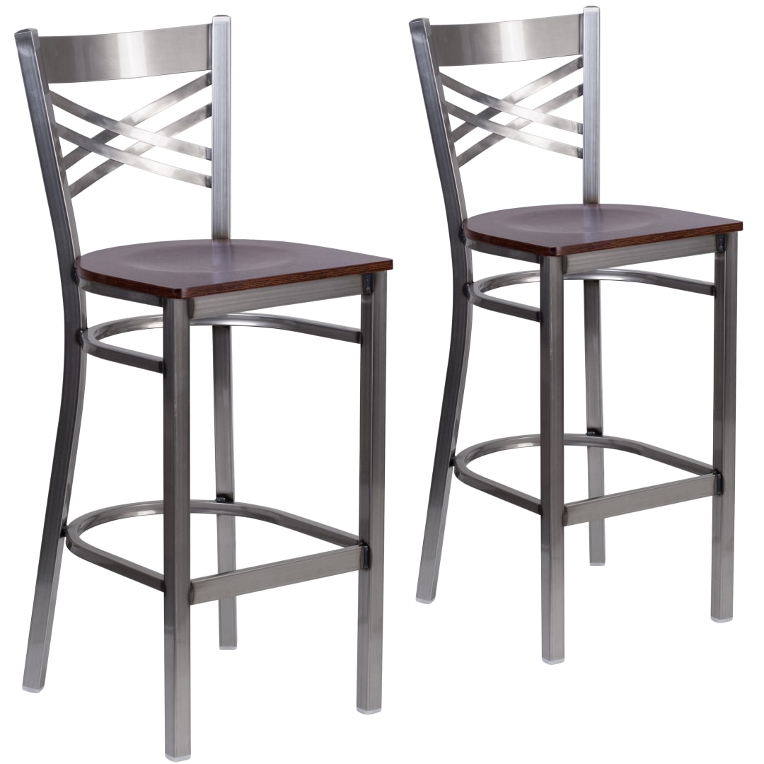 2 Pk. HERCULES Series Silver Antique Finish with Clear Coat ''X'' Back Metal Restaurant Barstool - Walnut Wood Seat