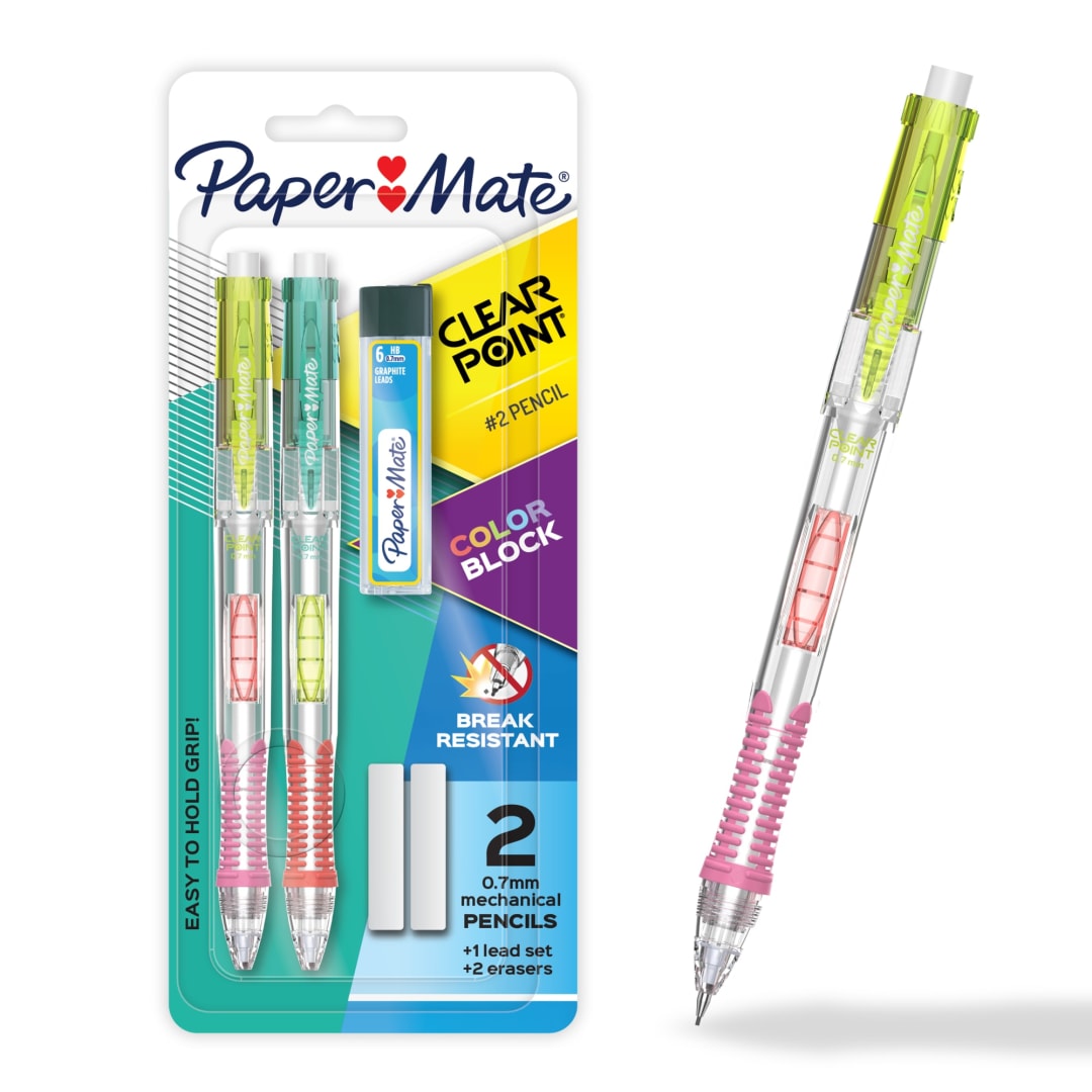 Paper Mate Clearpoint Mechanical Pencil, Break-Resistant, Color Block Edition, HB #2 Lead (0.7mm), Includes Eraser and Lead Refills, 5 Piece Set