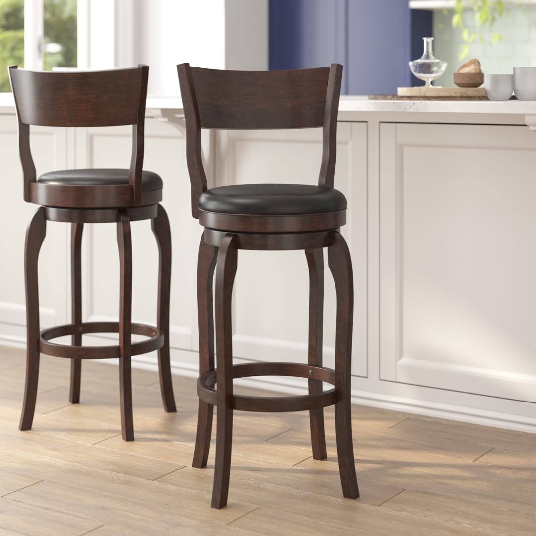 Nichola Commercial Grade Classic Open Back Swivel Bar Height Pub Barstool with Bowed Wooden Frame and Padded LeatherSoft Seat, Espresso/Black