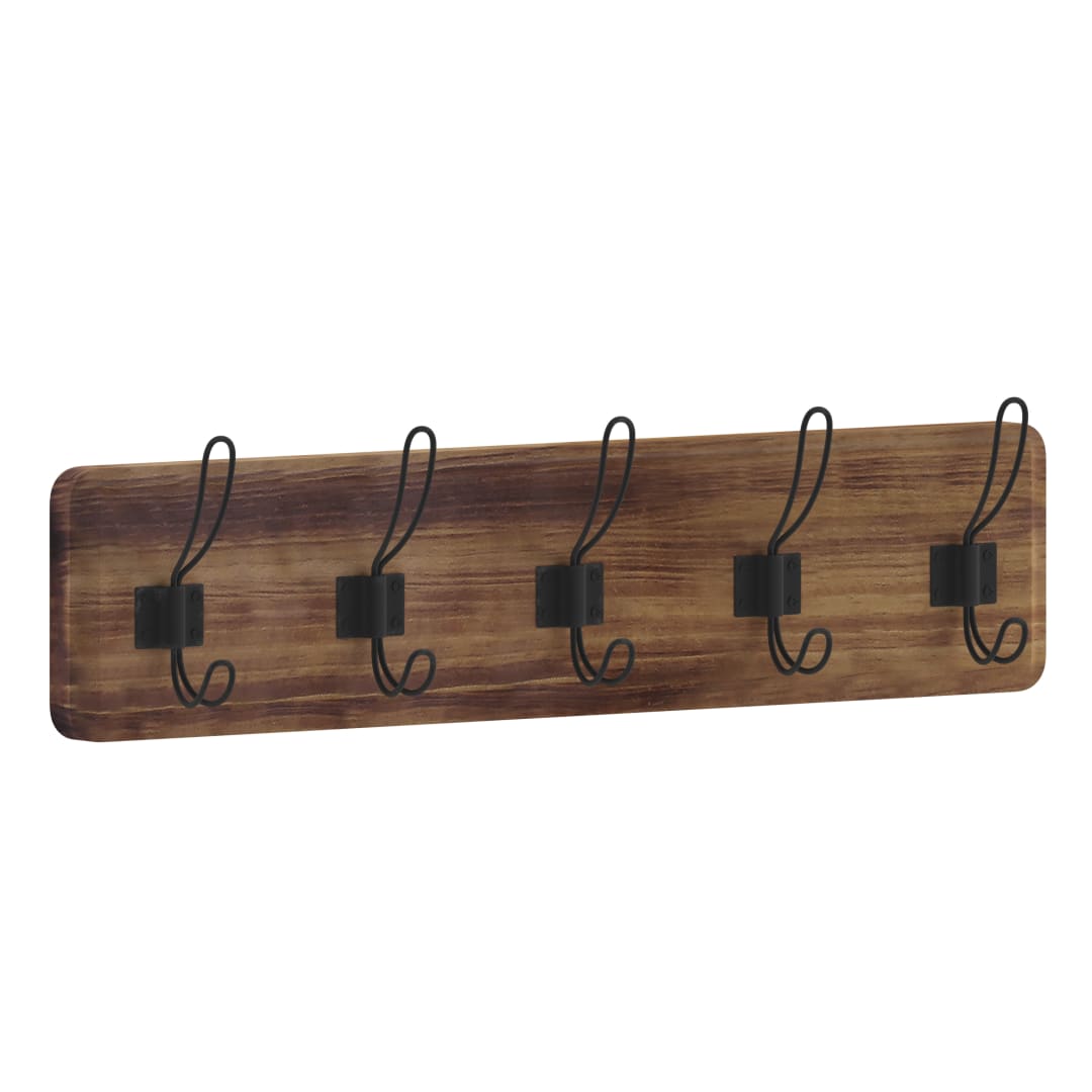 Daly Wall Mounted 24 Inch Rustic Brown Solid Pine Wood Storage Rack with 5 Hooks For Entryway, Kitchen, Bathroom