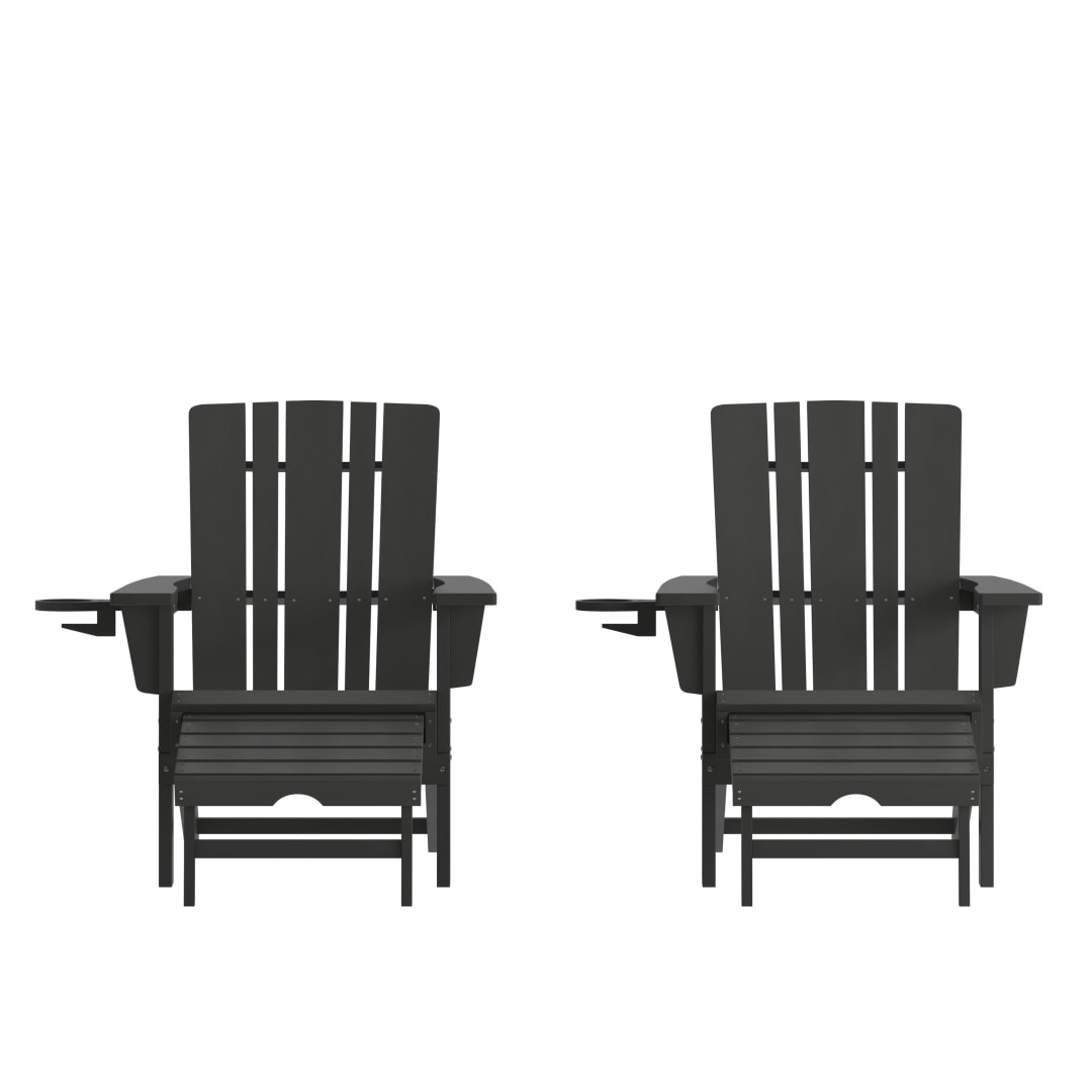 Halifax HDPE Adirondack Chair with Cup Holder and Pull Out Ottoman, All-Weather HDPE Indoor/Outdoor Lounge Chair in Black, Set of 2