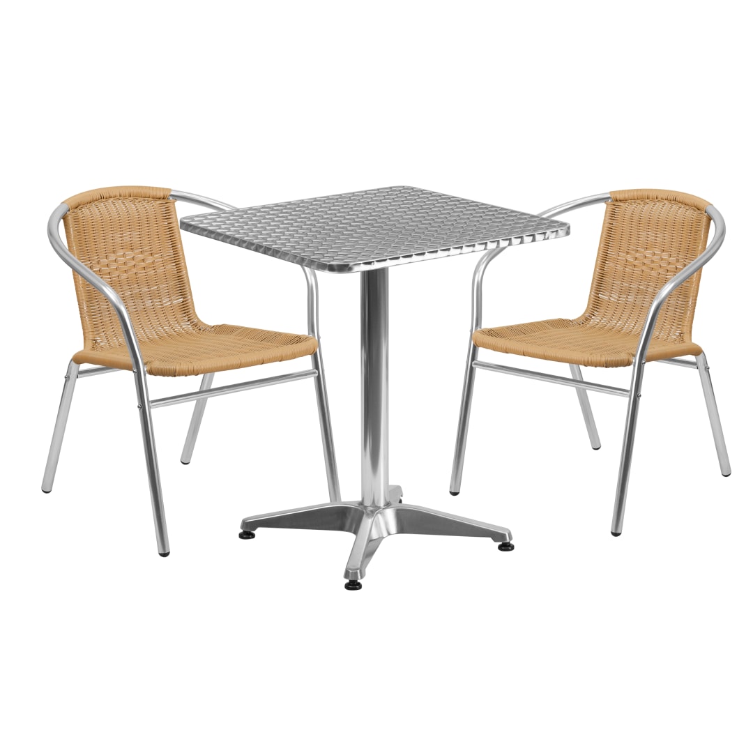 Lila 23.5'' Square Aluminum Indoor-Outdoor Table Set with 2 Beige Rattan Chairs