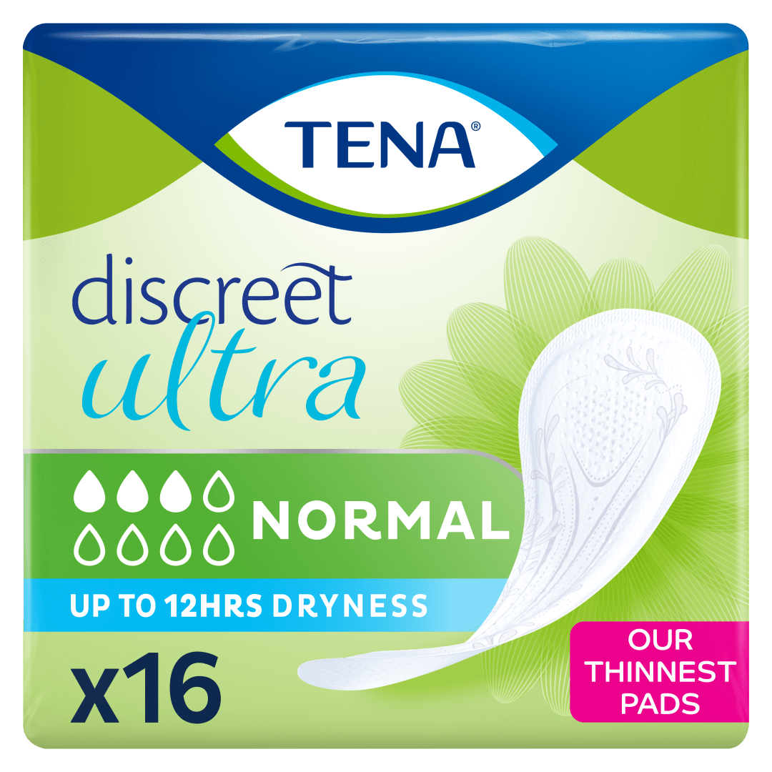 TENA Discreet Ultra Pad Normal – Ultra Thin Incontinence Pads for Women - Light Bladder Weakness - Longer Length for Extra Protection - Triple Protection Against Leaks, Odour &amp; Moisture - Pack of 16